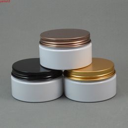 50pcs/lot 100ml White Plastic Cosmetic Jar Refillable Serum Bottle Black Gold Bronze Aluminium Lid 100g Thread Cream Containergood qty