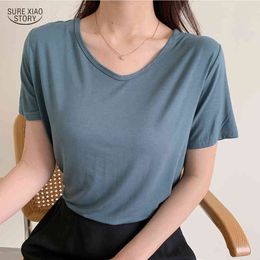Summer Cotton Short Sleeve Blouse Women Casual Solid V Neck Pullover Shirts for Plus Size Loose Ladies Tops 9262 50 210508