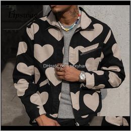 Jackets Outerwear Clothing Apparel Drop Delivery Harajuku Fashion Hearts Print Lapel Jacket Men Casual Long Sleeve Loose Zipper Coats 2021 Sp
