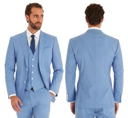 Classic Sky Blue Groom Tuxedos Mens Wedding Suits Notch Lapel Trim Fit Groomsman Man Evening Prom Party Wear Jacket Blazer 3 Piece (Jacket+Pants+Vest)