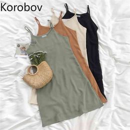 Korobov Preppy Style Sweet Robe Femme Summer New Chic Women Solid Dress Vintage Spaghetti Strap Korean Midi Dresses 210430