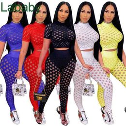 Women Tracksuits 2 Piece Sets Slim Sexy Hollow Out Perspective Mesh Short Sleeve Leggings Outfits Jogging Suits 5 Colours