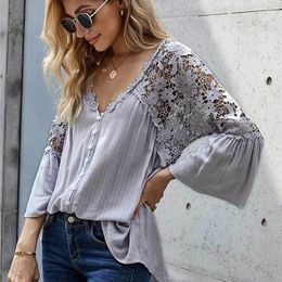 INSPIRED romantic sexy tops for women plus size blouse women Crochet Lace party blouse autumn new V-neck blouse 210412