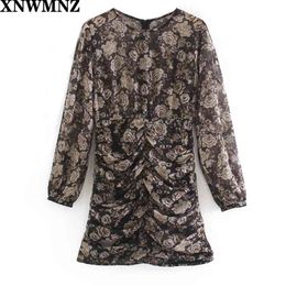 women Fashion printed metallic thread dress Vintage Female round neck long sleeve Gathered Invisible zip Mini 210520