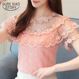 Summer Fashion Lace Blouse Shirt Short Sleeved Blouses Clothing Slim Sweet Lady Style Solid Women Tops 0482 30 210415