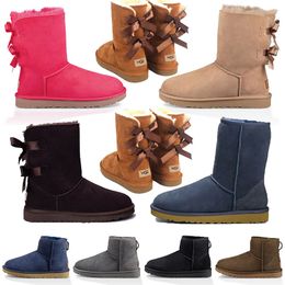 Luxuriöse warme Damen-Schneestiefelschuhe, Schwarz, Marineblau, Rosa, Satin, mittlerer Knöchel, kurze Schleife, Mini-Pelzstiefeletten für Mädchen, Winter-Designer, halten warme Stiefel