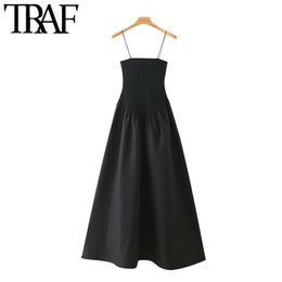Women Chic Fashion Pathwork Strech Slim Midi Dress Vintage Backless A-line Thin Straps Female Dresses Vestidos 210507