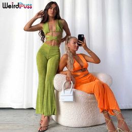 Weird Puss Cross Elegant Summer 2 Piece Set Bandage Deep v-Neck Top+Flare Pants Stretchy Casual Fashion Streetwear Matching Suit Y0625