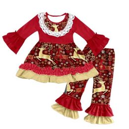 reindeer fabric clothing set Christmas girl red outfit with lace G0928