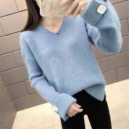 Solid Color V-neck Knitted Sweater Women Big Sleeves Loose Lazy Button Decoration Simple Fashion Pullover Female Autumn 210427