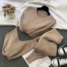 Casual Women Zipper Knitted Cardigans Sweaters + Pants Sets Vest Woman Fashion Jumpers Trousers 3 PCS Costumes Outfit 35A 210420
