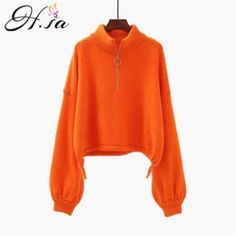 Женщины свитер перемычки Turtneck оранжевый фонарик рукав вязать и пуловеры зима осень корейский милый вытащить FEMME 210430