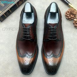 Luxury Classic Mens Brogue Oxfords Dress Shoes Genuine Cow Leather Lace Up Male Formal Footwear Wedding Italian Shoes
