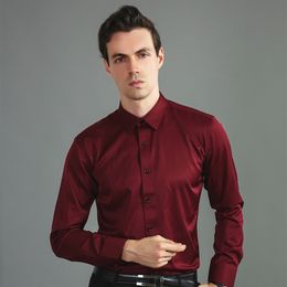 Man Classic Stretch Shirts Long Sleeve Casual Solid Colour Without Chest Pocket Non-iron Slim Fit Formal Work Officewear Red Tops 210609