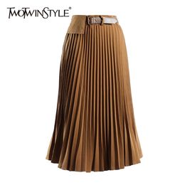 Casual Pleated Skirt For Women High Waist Sashes Solid Minimalist Skirts Female Fashion Clothing Spring 210521