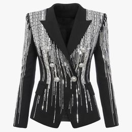 Womens HIGH STREET est Fashion Designer Jacket Womens Double Breasted Luxurious Stunning Silver Metal Buttons Beaded Blazer