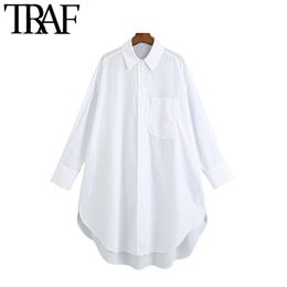 TRAF Women Fashion With Pockets Oversized Asymmetry Blouses Vintage Long Sleeve Button-up Female Shirts Blusa Chic Tops 210415