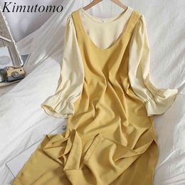 Kimutomo Sweet Girls Dress Sets Spring Solid Flare Sleeve O-neck Tops + Split V-neck Dress Two Pieces Suit Women Fashion 210521