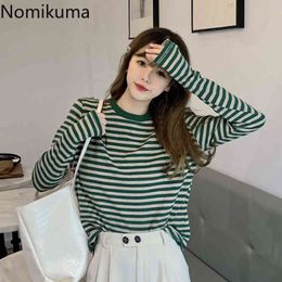 Nomikuma Striped T Shirts Women Contrast Colour O Neck Long Sleeve Tshirts Female Casual All-match Loose Tops Camisetas 210514