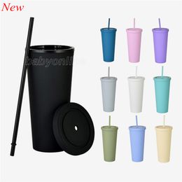 15 Colours Plastic Mugs With Straws Macaron Colour Water Cups PE 22OZ Solid Plain Brief Water Bottles In Stock FY4489