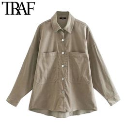 Women Fashion With Pockets Oversized Corduroy Blouses Vintage Long Sleeve Button-up Female Shirts Chic Overshirt 210507