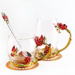Enamel Glass Cup With Spoon Heat Resistant Flower Coffee Mug With Handle Portable Transparent Juice Cups For Gift