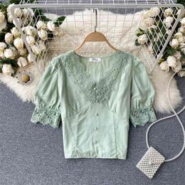 Short Tops Women's Fashion Sexy Sweet Lace V-neck Breasted Slim Sleeve Blouse Solid Colour Shirts S192 210527