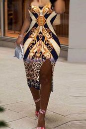 Summer Dresses For Women 2021 U-Neck Scarf Print Sleeveless Split Thigh Dress Midi Slit Y1006