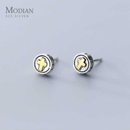 925 Sterling Silver Gold Color Cross Retro Geometric Round Pattern Stud Earring for Women Ethnic Style Fine Jewelry 210707