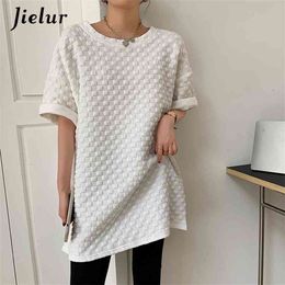 Jielur Summer Casual Women's T-shirt Square Lattice Loose Tees Shirt Short Sleeve Black White T-shirts Tops Clothes M-XL 210720