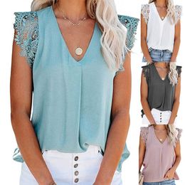 Summer Fashion Casual Lace Stitched Sleeveless Tops Office Lady Commuter Shirt Women Solid Color Simple Tshirt Retro Blouse Y0621