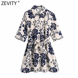 Zevity Women Vintage Short Sleeve Floral Print Casual Slim Shirt Dress Female Chic Single Breasted Sashes Mini Vestidos DS8397 210603