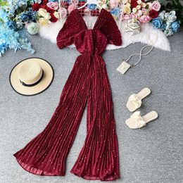 Women's Jumpsuits & Rompers Summer Korean Style Sexy Deep V-neck Romper Polka Dot Fashion Pleated High Waist Wide Leg Pants Jumpsuit Trouser