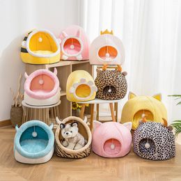 Winter Warm Cartoon Design Pet Cat Beds Dog Kennel Soft Comfortable Semi Closed Pet House for Small Cats Lovely Cave Beds