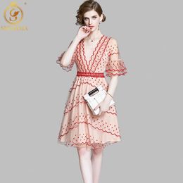 Summer Fashion Designer Runway Dress Women's V neck Mesh Flowers Embroidery Elegant Flare Sleeve Sweet Dresses 210520