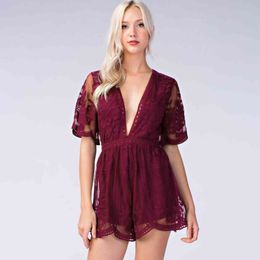 Jastie Vintage Embroidered Lace Romper Women V-Neck Sexy Playsuit Jumpsuits Short Sleeve Boho Summer Playsuits Rompers 210419