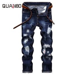 Men's Ripped Distressed Destroyed Straight Fit Washed Denim Jeans Plus Size 40 42 Men Blue Casual Jeans 211120