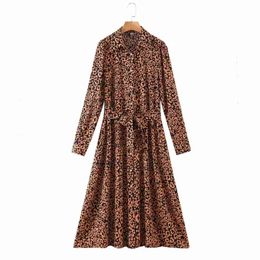 Spring Women Leopard Print Turndown Collar Sashes Midi Shirt Dress Female Long Sleeve Clothes Casual Lady Loose Vestido D7287 210430