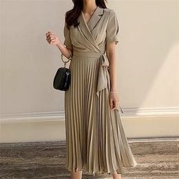 Women's Elegant Notched Collar Short Sleeve Summer Dress Fashion Ladies Sash Bowtie Casual Office Work Midi Pleated 210603