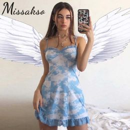 Missakso Print Lace Patchwork Dress Ruffle Summer Streetwear Party Women Blue Backless Spaghetti Straps Mini Dresses 210625