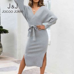 Jocoo Jolee Women Sexy V Neck Backless Sweater Dress Autumn Winter Sashes Side Split Knitted Midi Dress Elegant Bandage Dress 210518