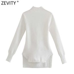 Zevity Women Fashion Stand Collar Long Sleeve White Knitting Sweater Chic Female Backless Lace Up Irregular Pullovers Tops SW847 210603