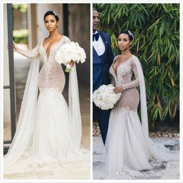 Luxurious Wedding Dresses Beaded Crystals Bridal Gowns Long Sleeves Mermaid Custom Made Robe de mariée