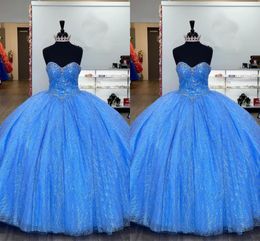 2022 Sparkly Pearls Crystal Prom Sweet 16 Dresses Strapless Ball Gowns Sequined Tulle Lace-up Quinceanera Dress Princess Womens