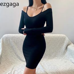 Ezgaga Mini Dresses for Women Long Sleeve Off Shoulder Backless Hollow Out Solid Ladies Sexy Bodycon Thin Party Elegant Vestidos 210430