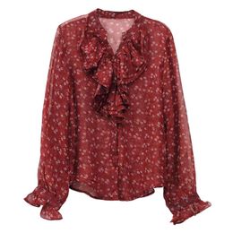 Women Wine Red Chiffon Blouse Top Ruffle V Neck Floral Print Long Sleeve Office Lady Work B0176 210514