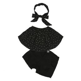 Summer Fashion Outfit Set for Girls Off Shoulder Shirt Ruffle Strapless Dot Tube Top Black Ripped Short Jeans Headband 210413