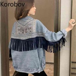 Korobov Korean Long Sleeve Tassel Autumn New Rivet Denim Jackets Harajuku Embroidery Turn-Down Collar Jean Coat Female 79015 210430