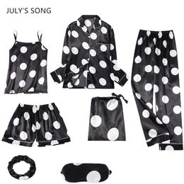 JULY'S SONG New Faux Silk Women Pyjamas Set 7 Pieces Stripes Dot Bow Printing Sleepwear Suit Spring Summer Autumn Homewear 210330