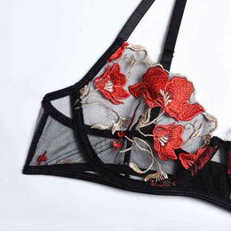 NXY sexy set Aduloty Flower Embroidery Women's Sexy Lingerie Underwire Bra Thin Transparent Underwear Thong Garter Belt Three-Piece Set 1128